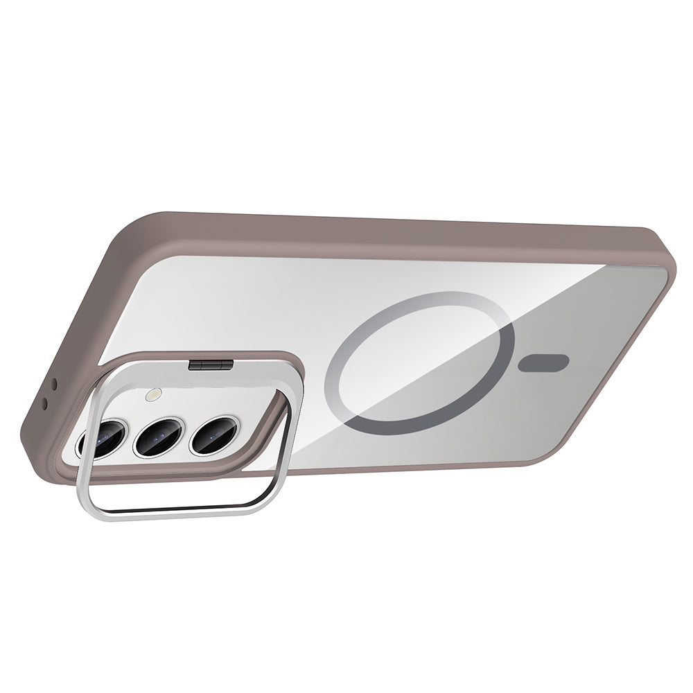 Galaxy S24 Kılıf Standlı ve Kamera Lens Hediyeli M-Safe Şarj Özellikli Zore Etro Kapak Desert Titanyum