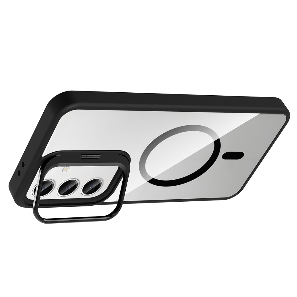 Galaxy S24 Kılıf Standlı ve Kamera Lens Hediyeli M-Safe Şarj Özellikli Zore Etro Kapak Gri