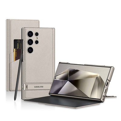 Galaxy S24 Ultra Kılıf Kamera Korumalı Suni Deri Tasarım Zore Droga Standlı Kartlıklı Kapaklı Kılıf Siyah