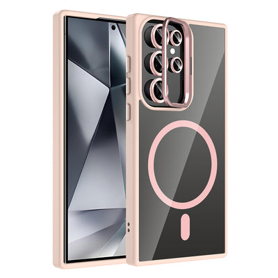 Galaxy S24 Ultra Kılıf Standlı ve Kamera Lens Hediyeli M-Safe Şarj Özellikli Zore Etro Kapak Desert Titanyum