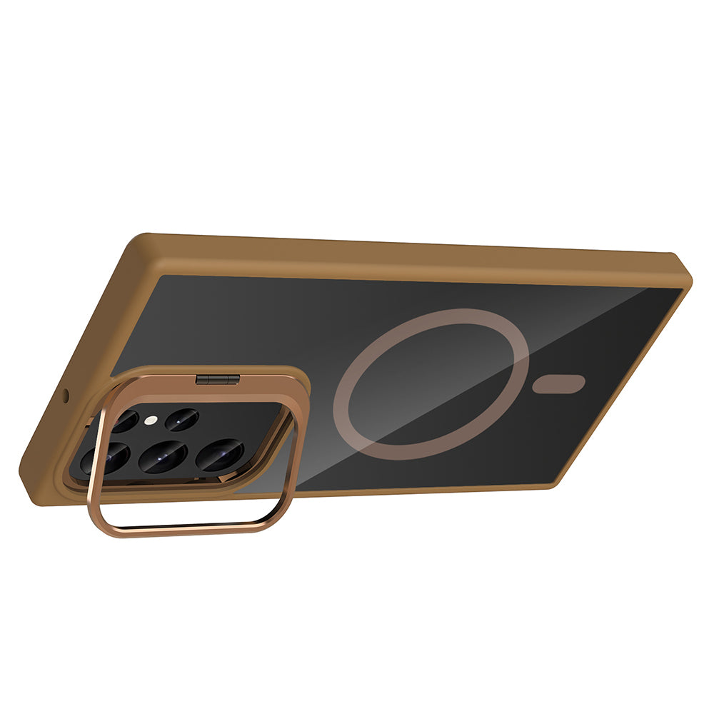 Galaxy S24 Ultra Kılıf Standlı ve Kamera Lens Hediyeli M-Safe Şarj Özellikli Zore Etro Kapak Lacivert