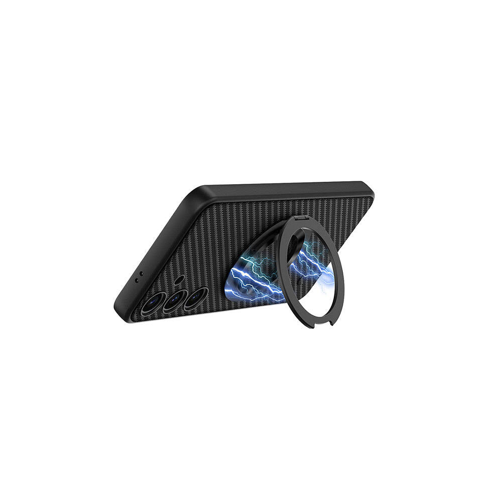 Galaxy S24 Wireless Şarj Özellikli Zore Kıpta Standlı M-safe Silikon Kapak Siyah Karbon