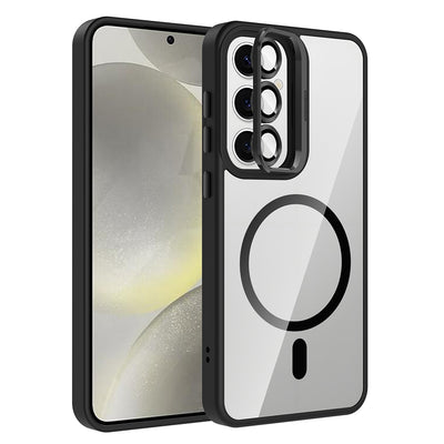 Galaxy S25 FE Kılıf Standlı ve Kamera Lens Hediyeli M-Safe Şarj Özellikli Zore Etro Kapak Pembe