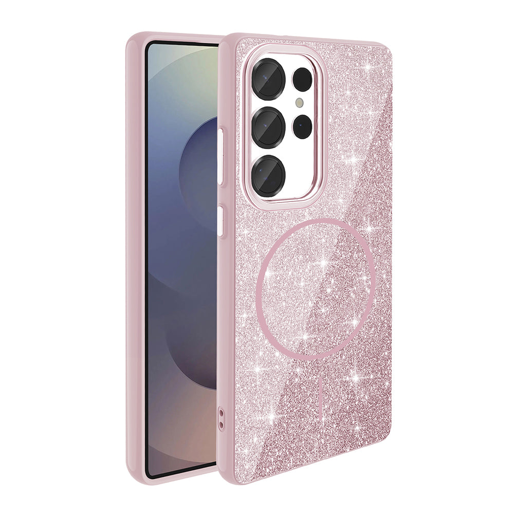 Galaxy S25 Ultra Kılıf M-safe Şarj Özellikli Parlayan Simli Zore Okso Kapak Pembe