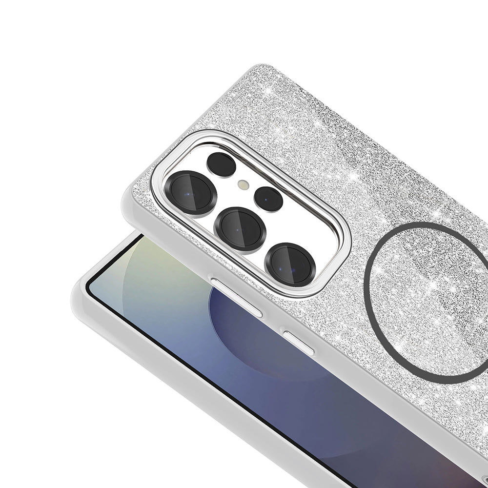 Galaxy S25 Ultra Kılıf M-safe Şarj Özellikli Parlayan Simli Zore Okso Kapak Pembe