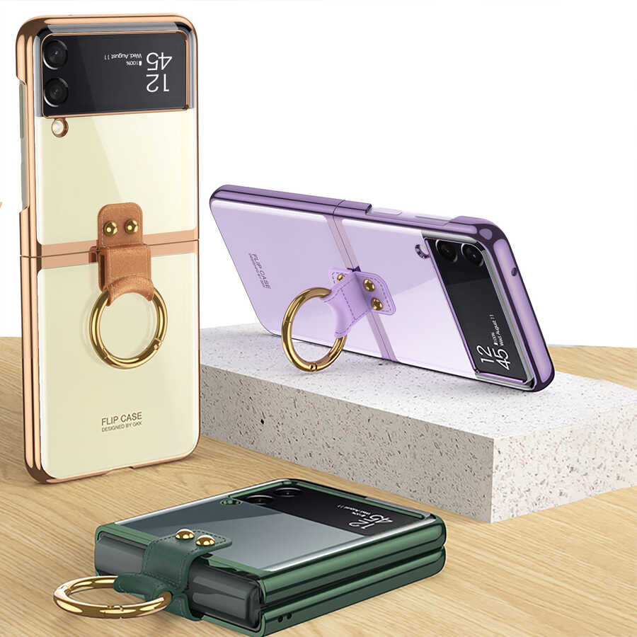 Galaxy Z Flip 3 Kılıf Zore Yüzüklü Kıpta Kapak Gold