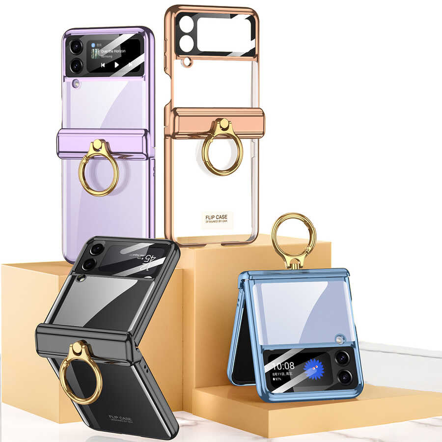 Galaxy Z Flip 4 Kılıf Zore Kıpta Yüzüklü Lens Korumalı Kapak Gold