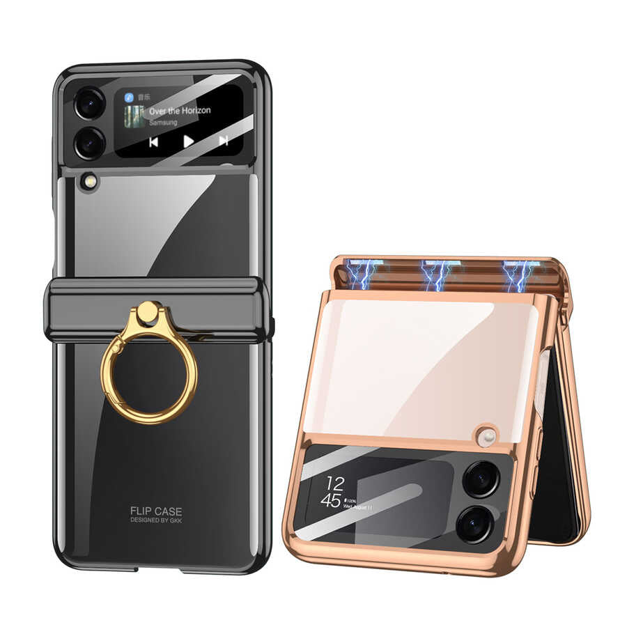 Galaxy Z Flip 4 Kılıf Zore Kıpta Yüzüklü Lens Korumalı Kapak Gold