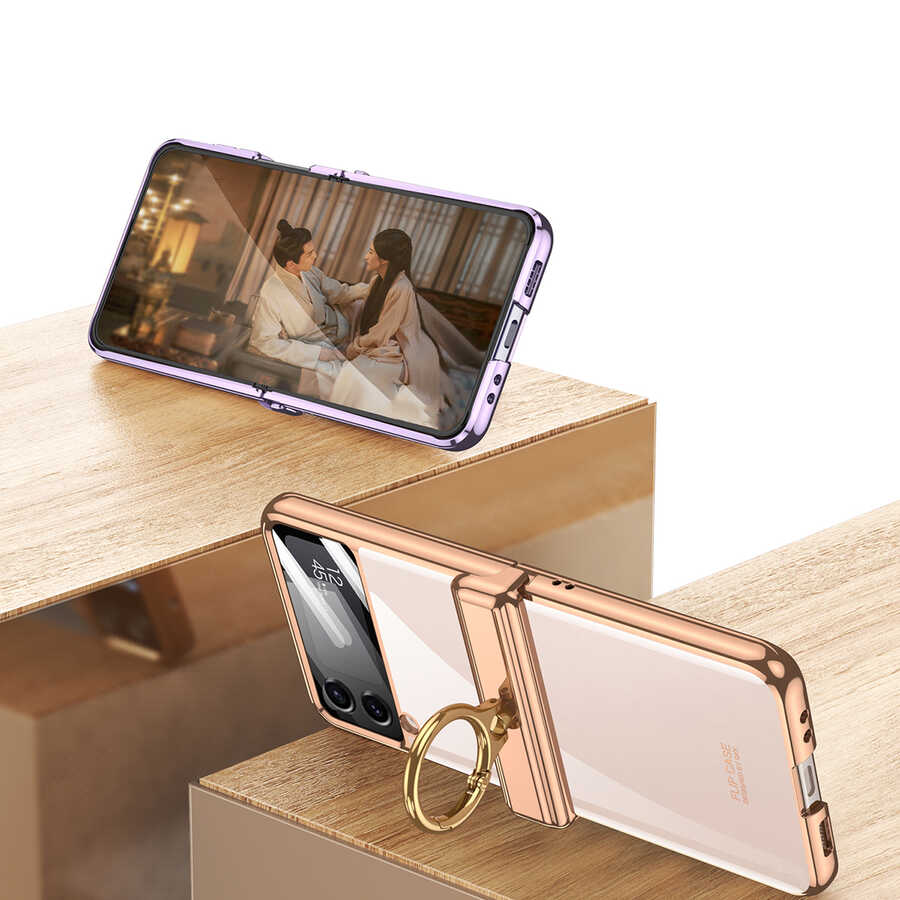 Galaxy Z Flip 4 Kılıf Zore Kıpta Yüzüklü Lens Korumalı Kapak Gold