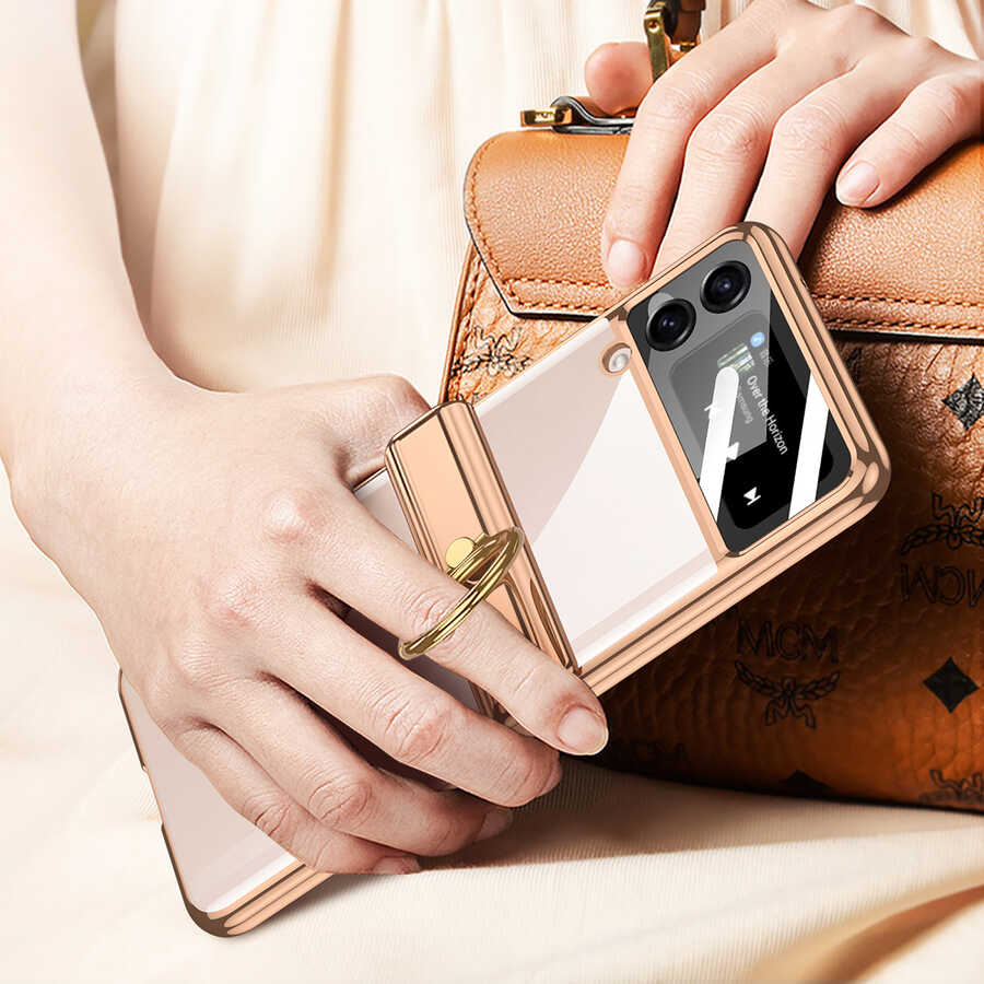 Galaxy Z Flip 4 Kılıf Zore Kıpta Yüzüklü Lens Korumalı Kapak Gold