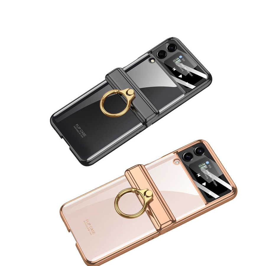 Galaxy Z Flip 4 Kılıf Zore Kıpta Yüzüklü Lens Korumalı Kapak Gold