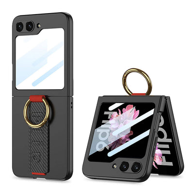 Galaxy Z Flip 6 Kılıf Kamera Korumalı Yüzüklü Karbon Tasarımlı Zore Flip Ring Kıpta Kapak Gri-Yeşil