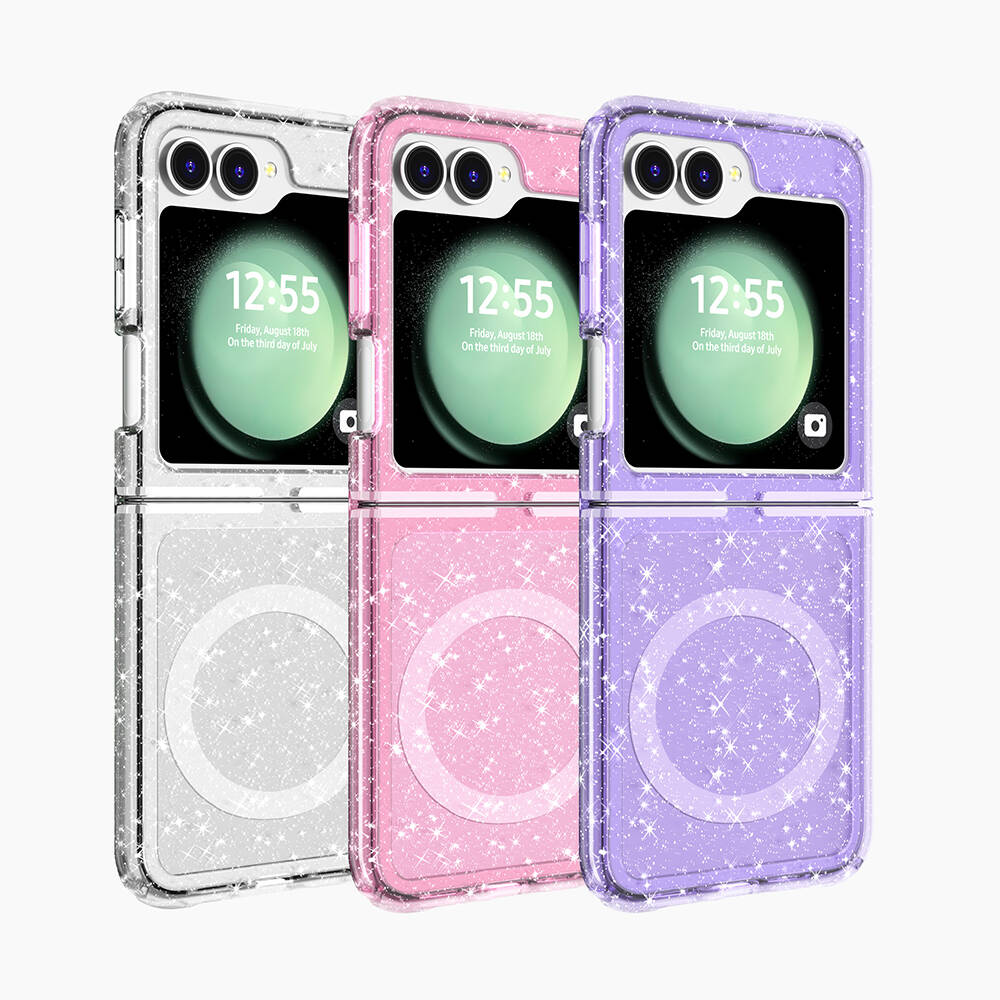 Galaxy Z Flip 6 Kılıf M-safe Şarj Özellikli Parlayan Simli Saydam Renkli Zore Allstar Kapak Pembe