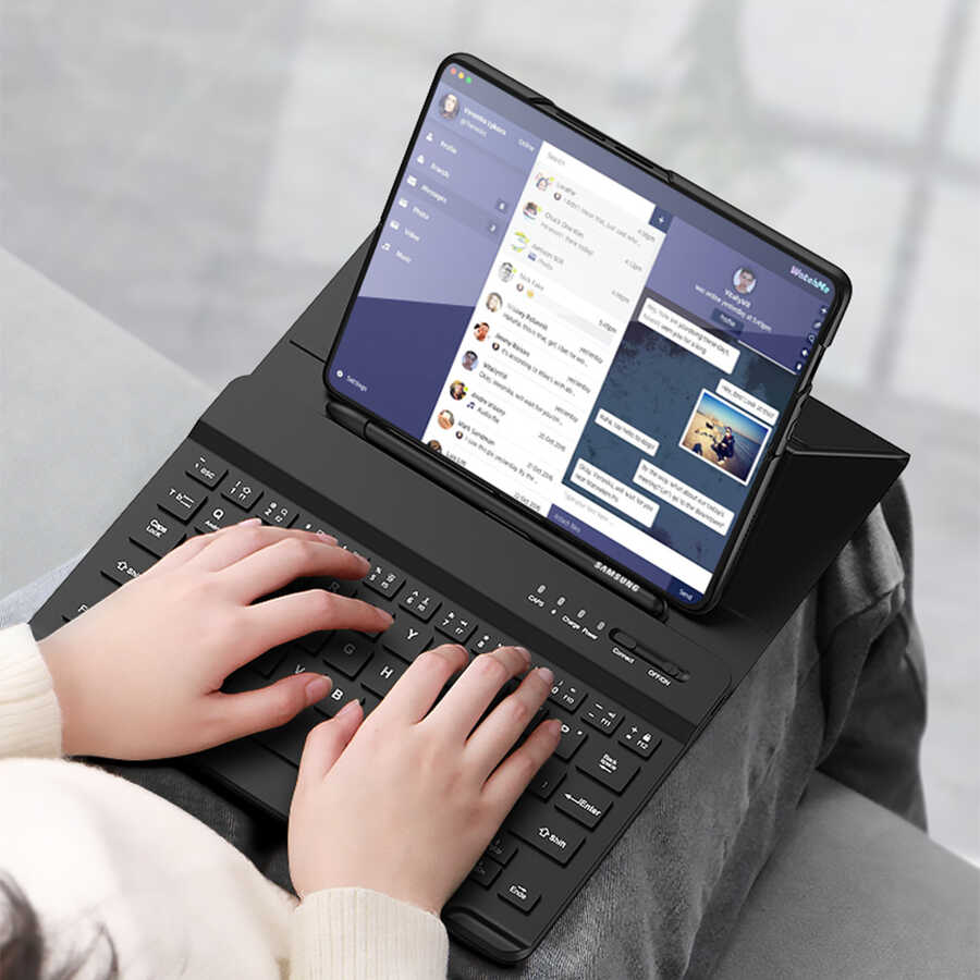 Galaxy Z Fold 3 Kılıf Standlı Bluetooth Klavyeli Zore Kıpta Keyboard Set Kılıf Siyah