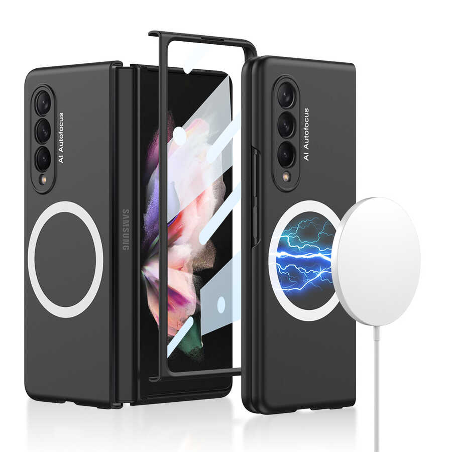 Galaxy Z Fold 3 Kılıf Wireless Şarj Özellikli Zore Kıpta M-safe Kapak Siyah