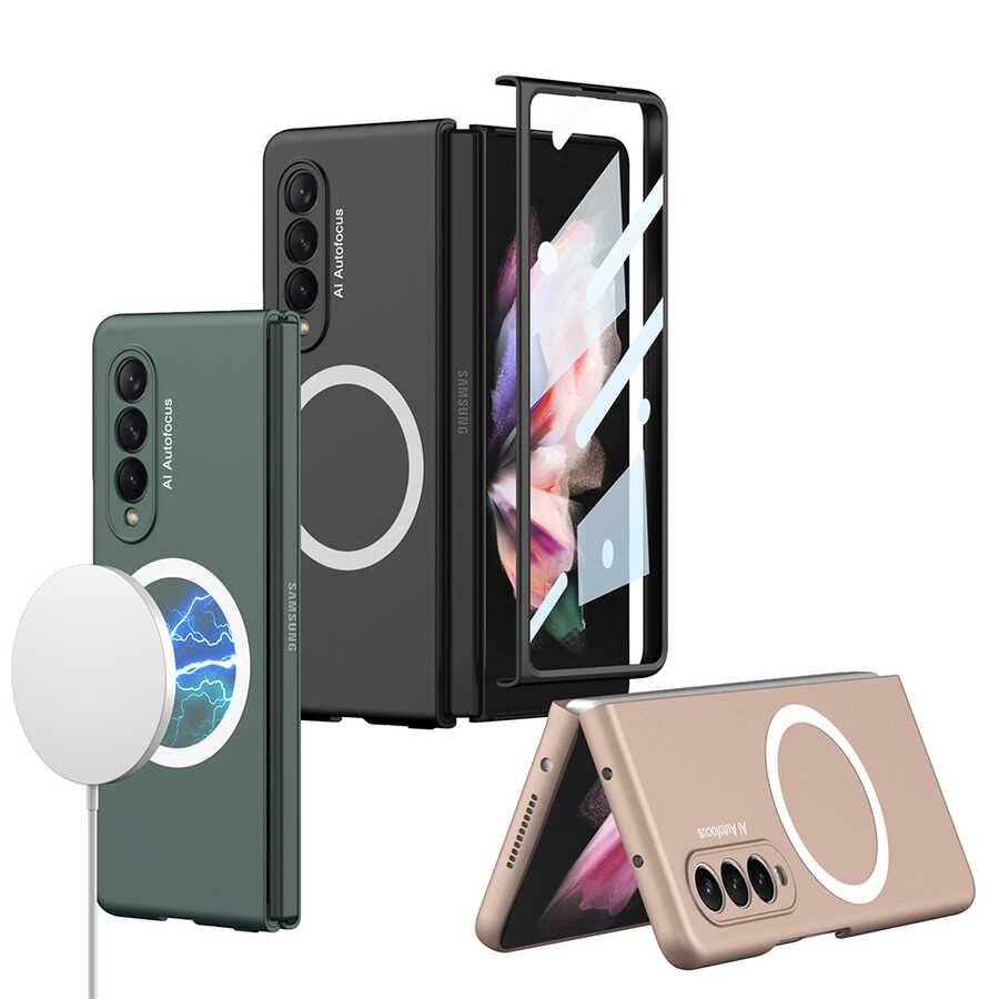 Galaxy Z Fold 3 Kılıf Wireless Şarj Özellikli Zore Kıpta M-safe Kapak Siyah