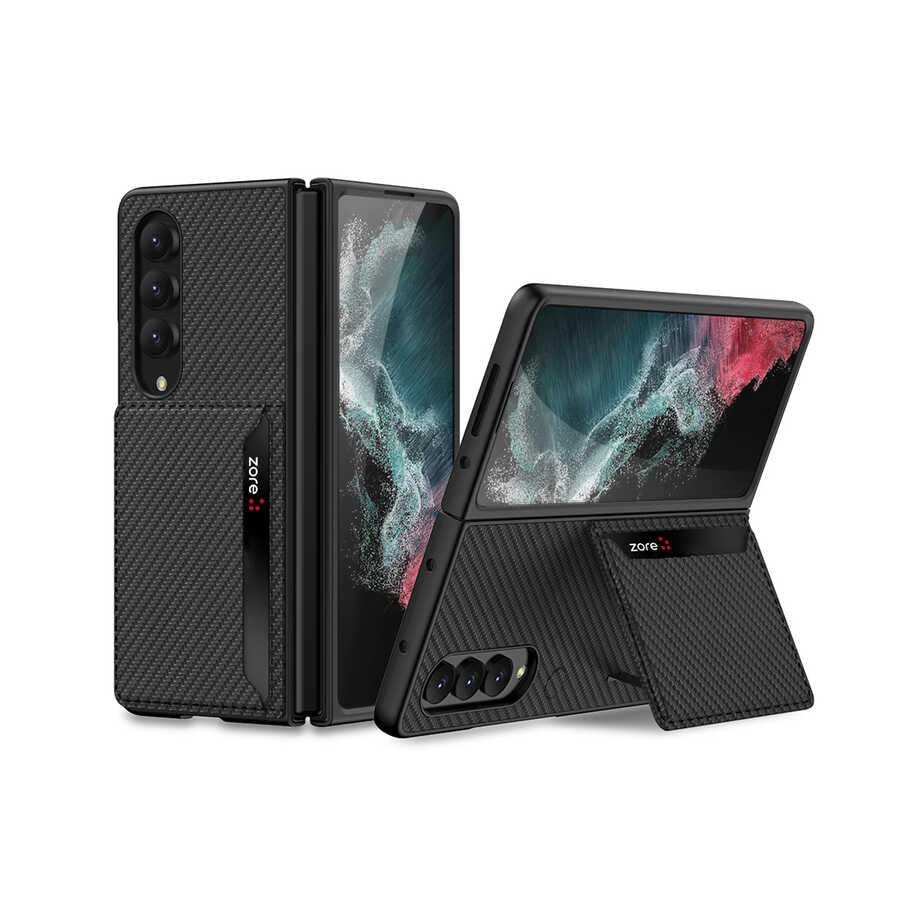 Galaxy Z Fold 4 Kılıf Karbonfiber Arka Yüzey Zore Kartlıklı Kıpta Silikon Kapak Siyah