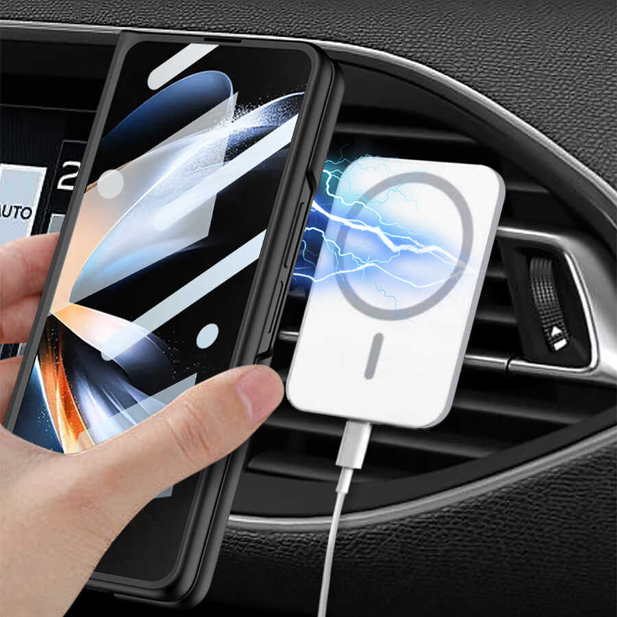 Galaxy Z Fold 4 Kılıf Wireless Şarj Özellikli Zore Kıpta M-safe Kapak Siyah