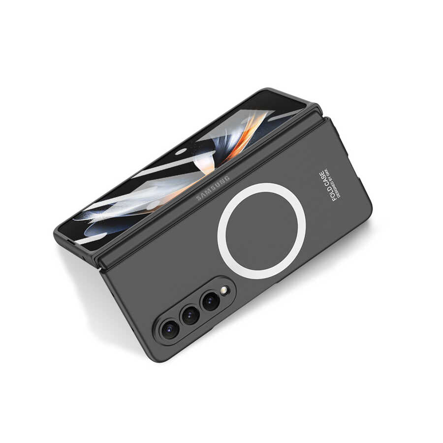 Galaxy Z Fold 4 Kılıf Wireless Şarj Özellikli Zore Kıpta M-safe Kapak Siyah