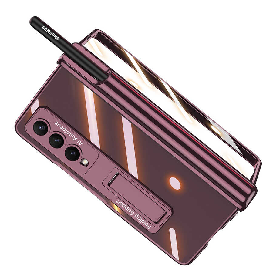 Galaxy Z Fold 4 Kılıf Zore Kıpta Standlı Kalem Bölmeli Kapak Mürdüm