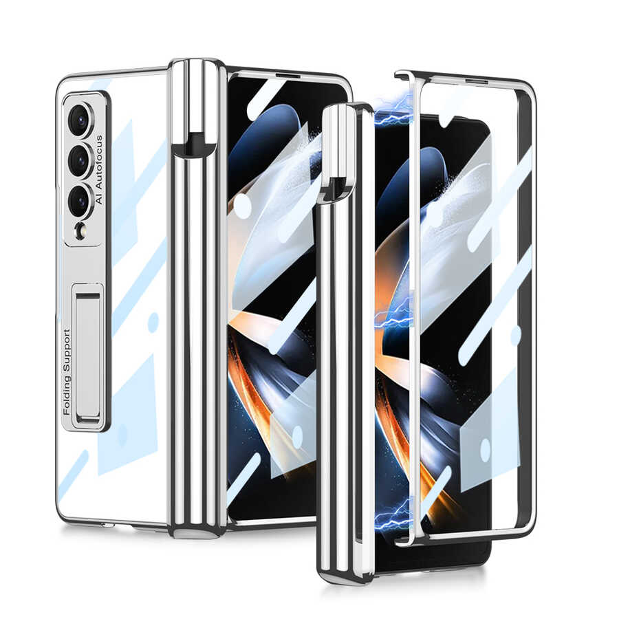 Galaxy Z Fold 4 Kılıf Zore Kıpta Standlı Kalem Bölmeli Kapak Gümüş