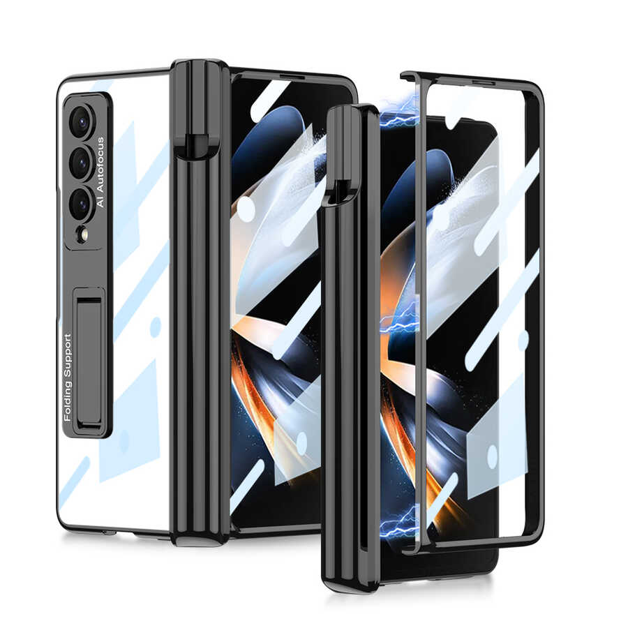 Galaxy Z Fold 4 Kılıf Zore Kıpta Standlı Kalem Bölmeli Kapak Siyah