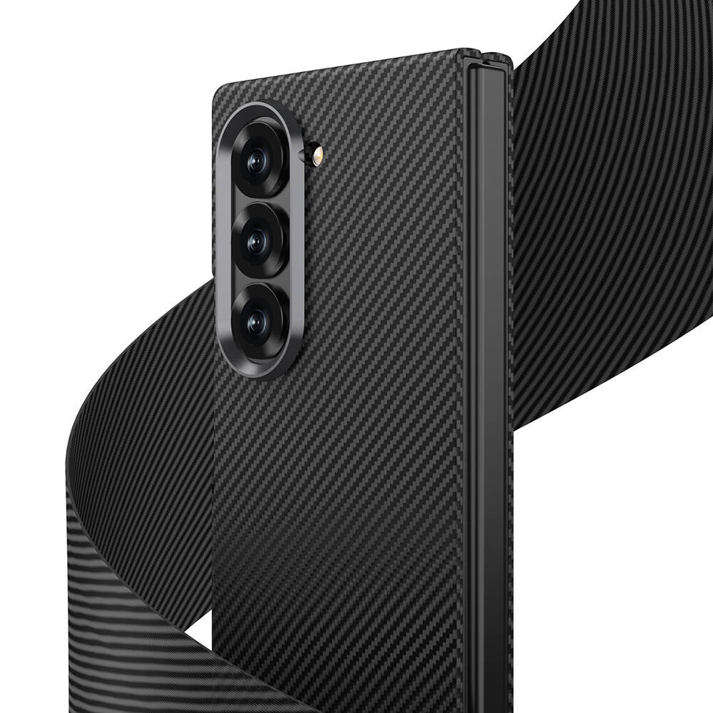 Galaxy Z Fold 6 Kılıf Kamera Korumalı Karbon Fiber Tasarımlı Arka Yüzey Zore Kıpta Karbon Kapak Kırmızı