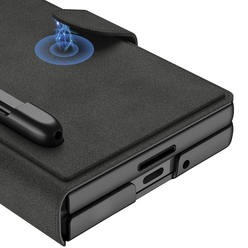 Galaxy Z Fold 7 Kılıf Kamera Korumalı Kadife Tasarımlı Zore Kıpta Kalem Bölmeli Fest Kapak Titanyum