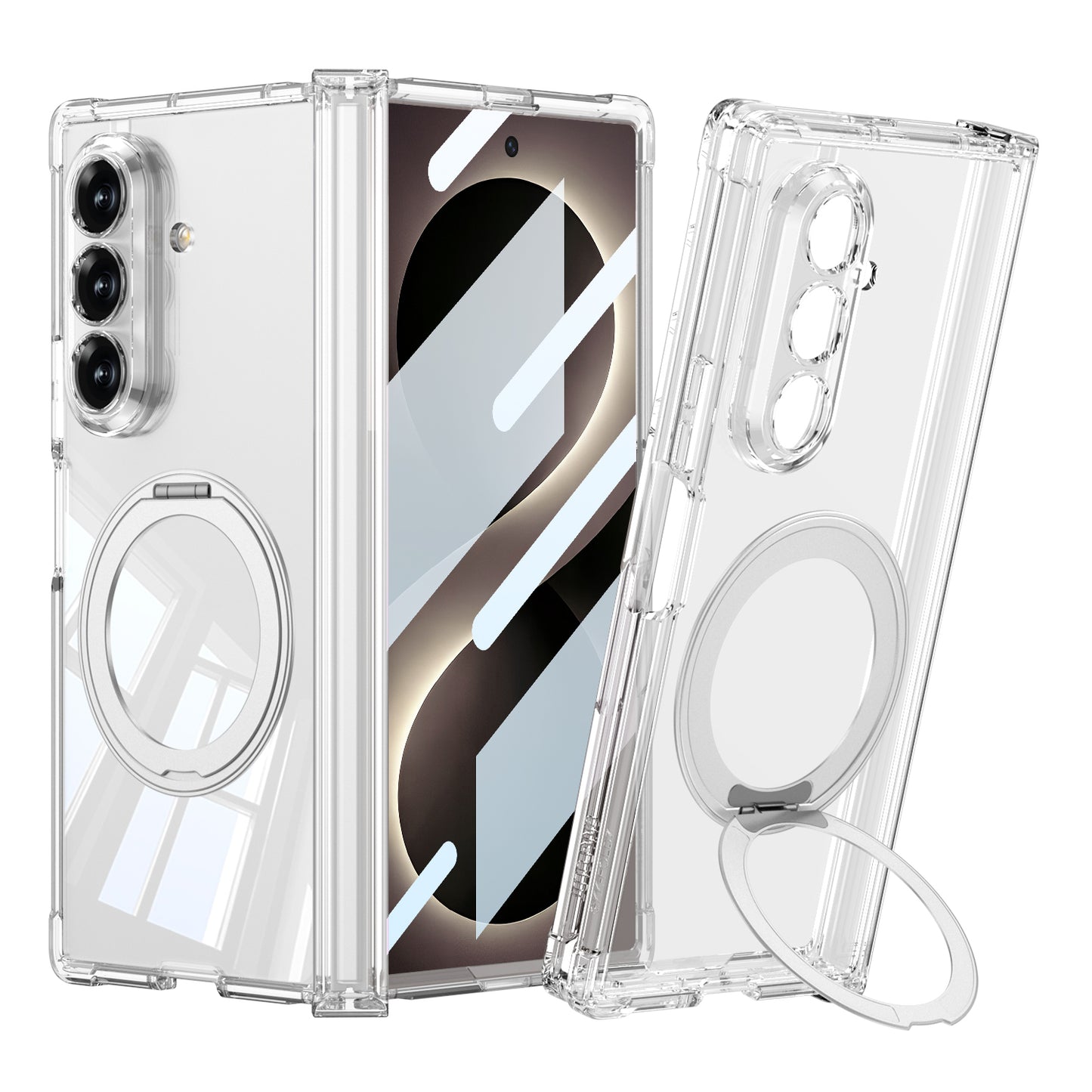 Galaxy Z Fold 8 Ultra Kılıf M-safe Şarj Özellikli Zore Kıpta KPT-09 Ring Standlı Şeffaf Sert PC Kapak