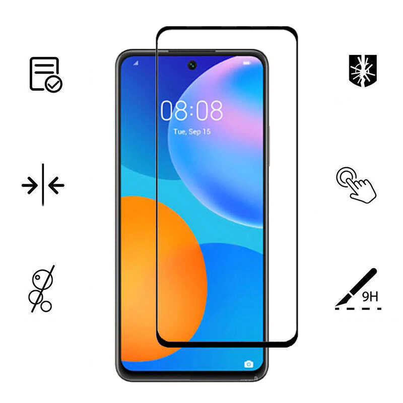 Huawei P Smart 2021 Zore Kenarları Kırılmaya Dayanıklı Cam Ekran Koruyucu Siyah