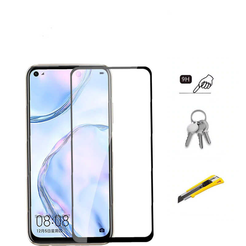 Huawei P40 Lite Zore Kenarları Kırılmaya Dayanıklı Cam Ekran Koruyucu Siyah