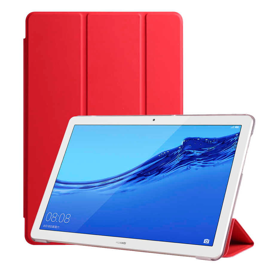 Huawei T5 10 inc Zore Smart Cover Standlı 1-1 Kılıf Kırmızı
