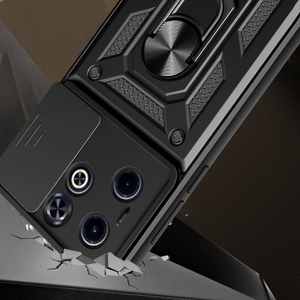 İnfinix Smart 8 Kılıf Magnetik Standlı Kamera Korumalı Zore Sürgülü Vega Kapak Siyah