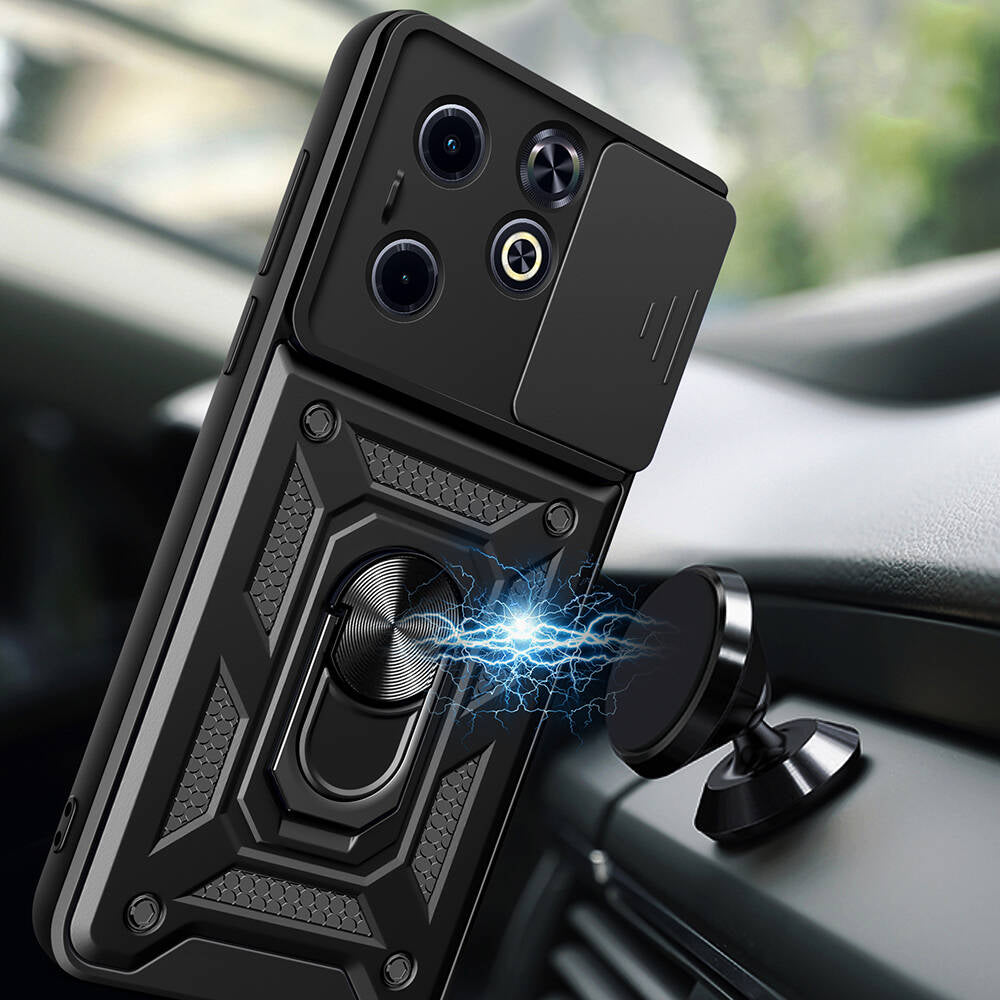 İnfinix Smart 8 Kılıf Magnetik Standlı Kamera Korumalı Zore Sürgülü Vega Kapak Siyah