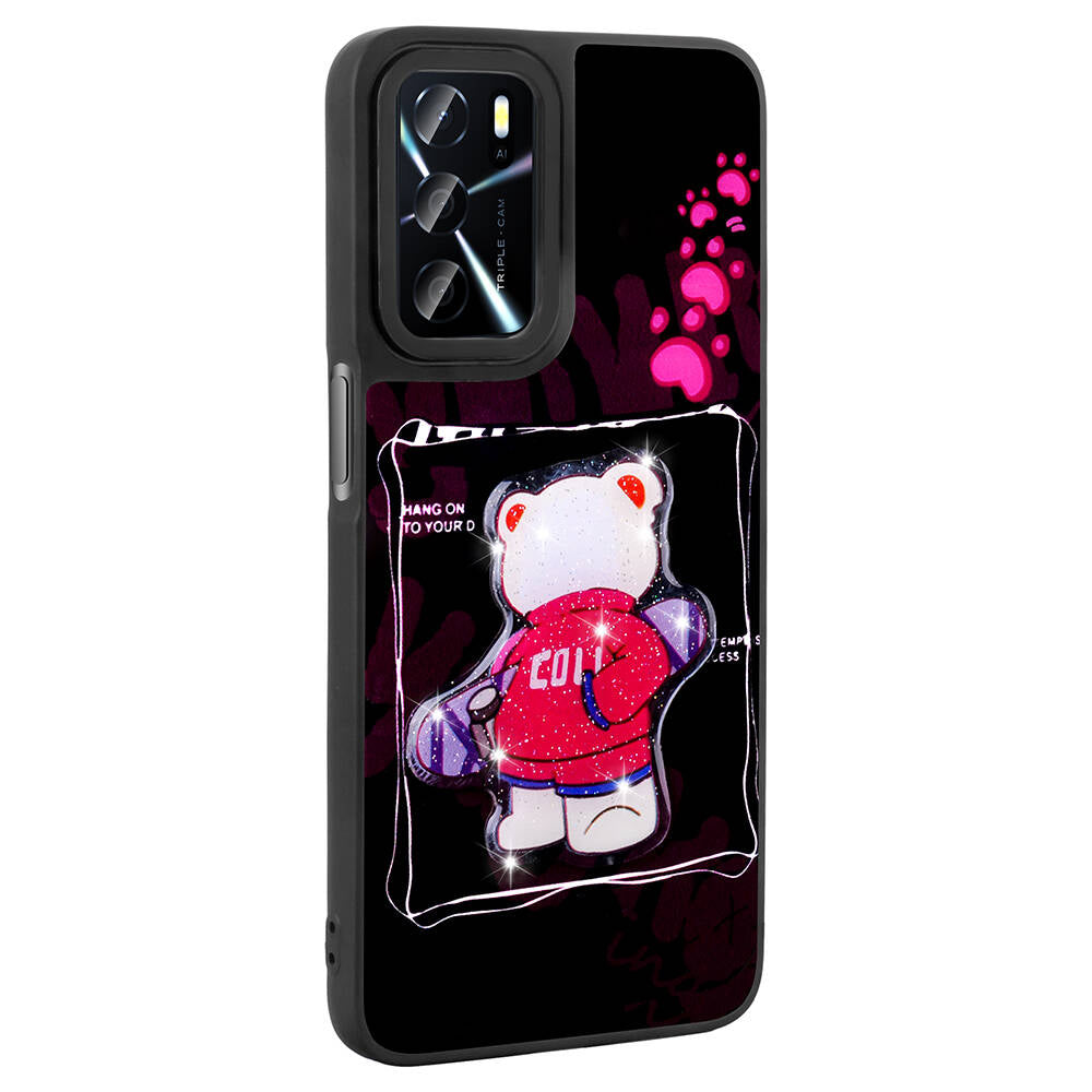 Oppo A55 4G Kılıf Parlayan Kabartmalı İkonik Figürlü Zore Amas Silikon Kapak Siyah