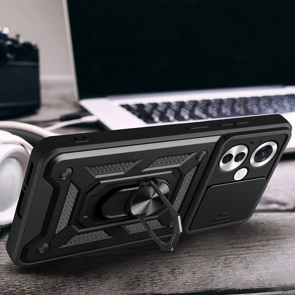 Oppo Reno 11F 5G Kılıf Magnetik Standlı Kamera Korumalı Zore Sürgülü Vega Kapak Mavi