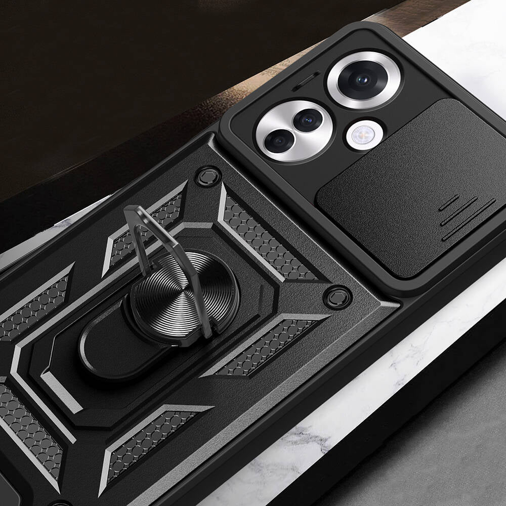 Oppo Reno 11F 5G Kılıf Magnetik Standlı Kamera Korumalı Zore Sürgülü Vega Kapak Mavi