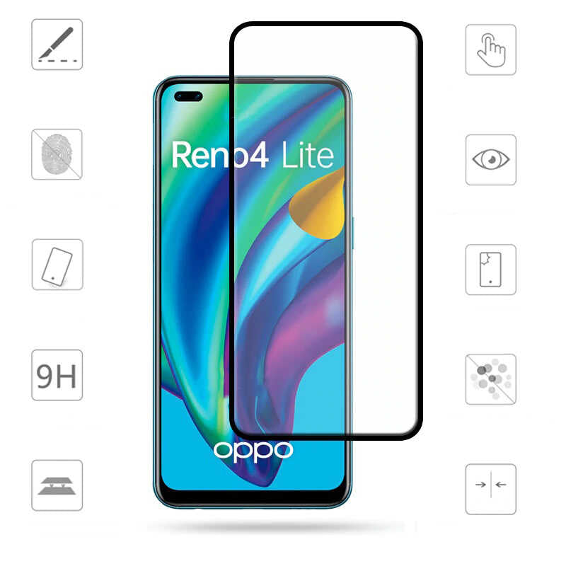 Oppo Reno 4 Lite Zore Kenarları Kırılmaya Dayanıklı Cam Ekran Koruyucu Siyah