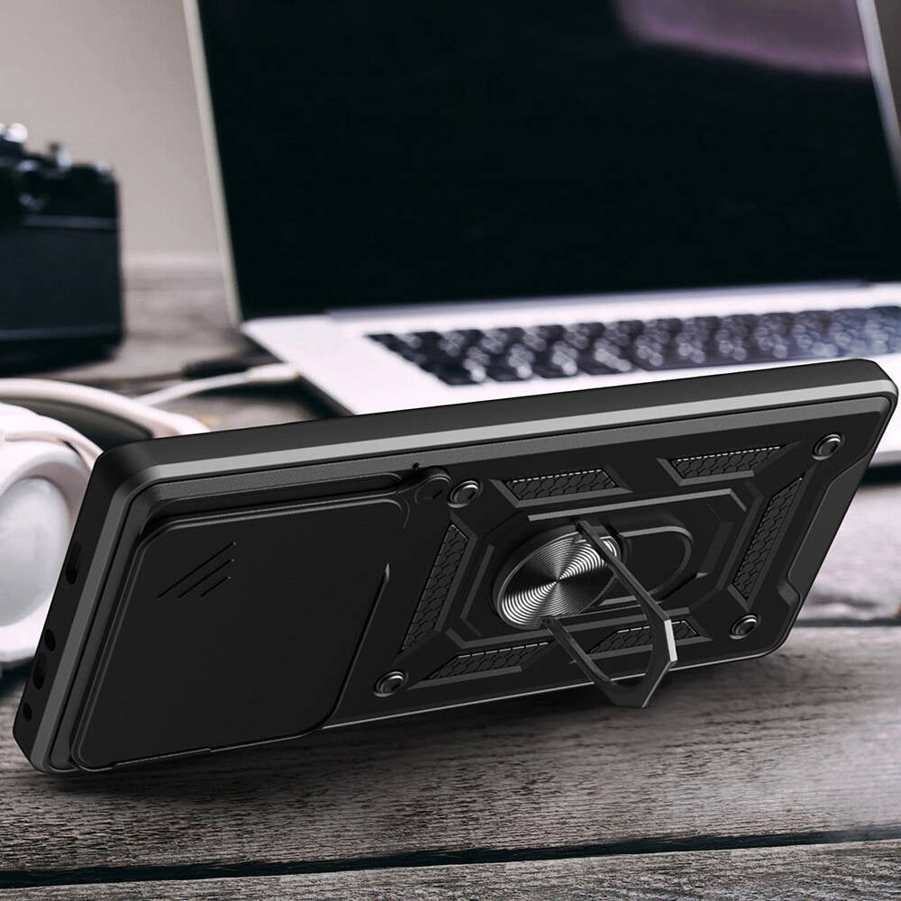 Tecno Camon 30 Pro 5G Kılıf Magnetik Standlı Kamera Korumalı Zore Sürgülü Vega Kapak Mavi