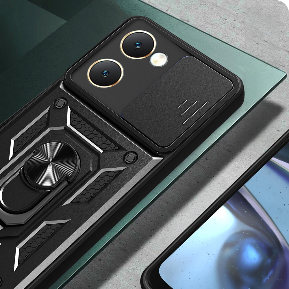 Vivo Y18 Kılıf Magnetik Standlı Kamera Korumalı Zore Sürgülü Vega Kapak Siyah