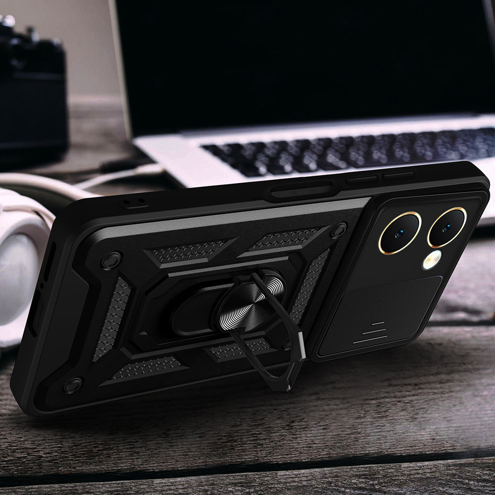 Vivo Y18 Kılıf Magnetik Standlı Kamera Korumalı Zore Sürgülü Vega Kapak Siyah