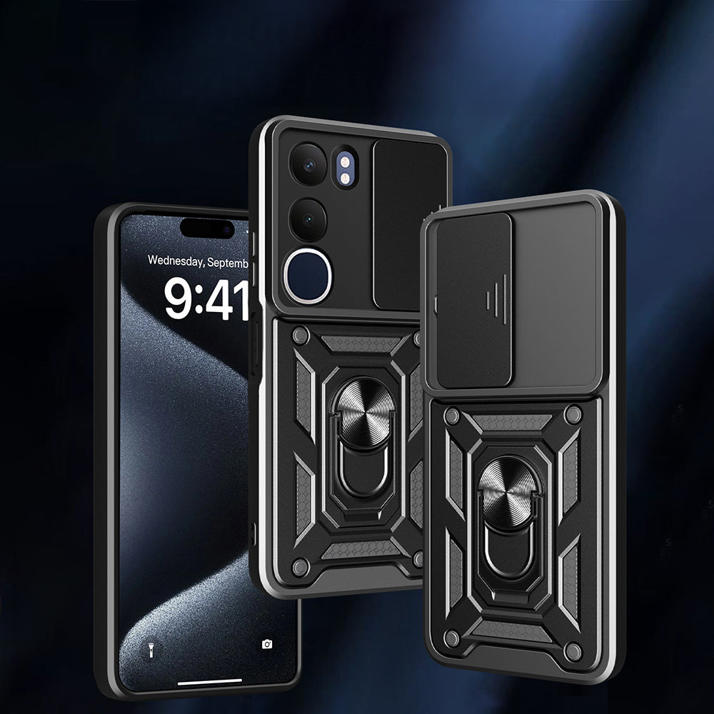 Vivo Y19S Kılıf Magnetik Standlı Kamera Korumalı Zore Sürgülü Vega Kapak Mavi