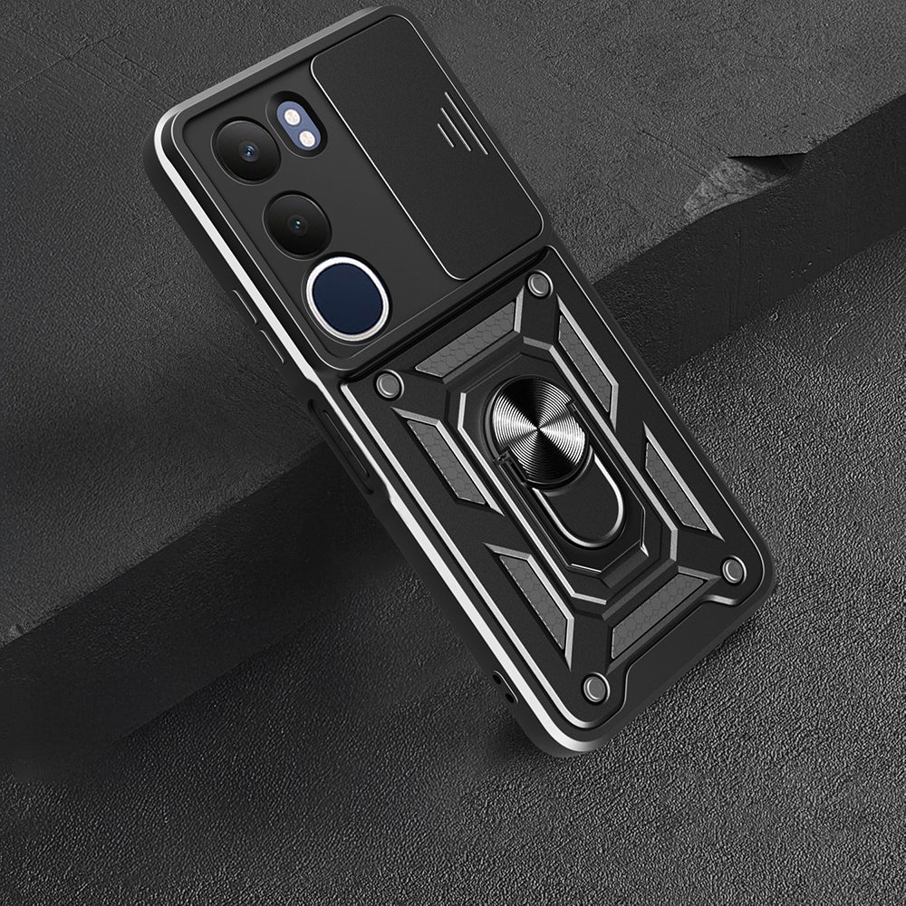 Vivo Y19S Kılıf Magnetik Standlı Kamera Korumalı Zore Sürgülü Vega Kapak Siyah