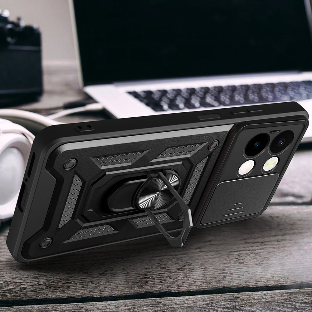 Vivo Y28 Kılıf Magnetik Standlı Kamera Korumalı Zore Sürgülü Vega Kapak Mavi