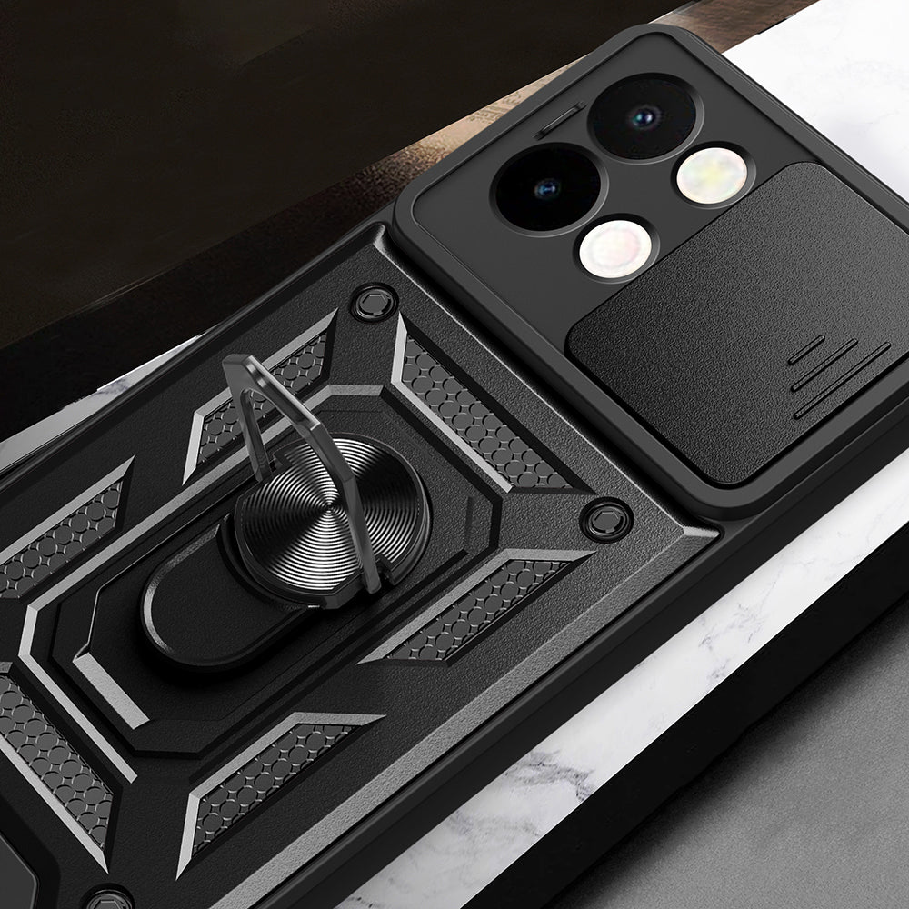 Vivo Y28 Kılıf Magnetik Standlı Kamera Korumalı Zore Sürgülü Vega Kapak Mavi