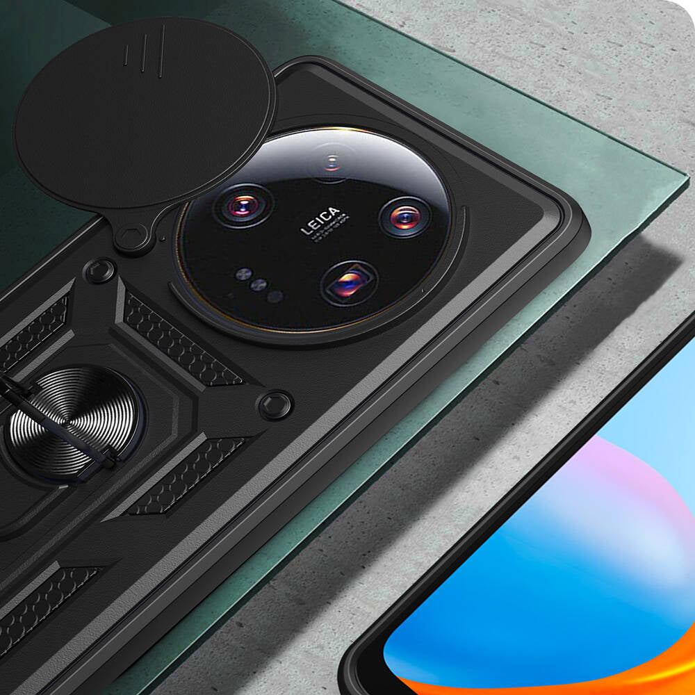 Xiaomi Mi 13 Ultra Kılıf Magnetik Standlı Kamera Korumalı Zore Sürgülü Vega Kapak Siyah