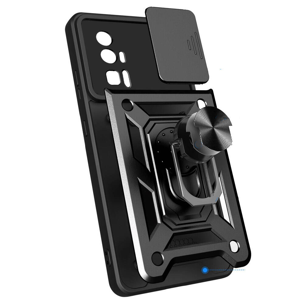 Xiaomi Poco F5 Pro Kılıf Magnetik Standlı Kamera Korumalı Zore Sürgülü Vega Kapak Mavi