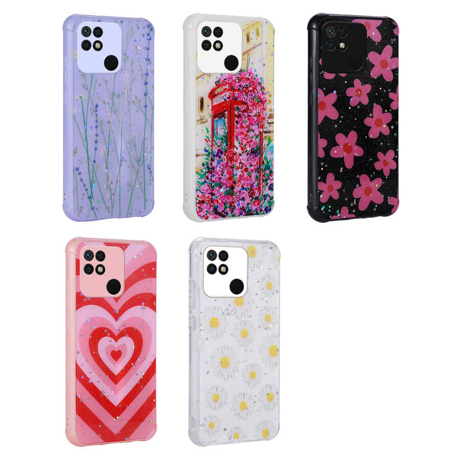 Xiaomi Redmi 10C Kılıf Simli Desenli Kamera Korumalı Parlak Zore Popy Kapak Papatya