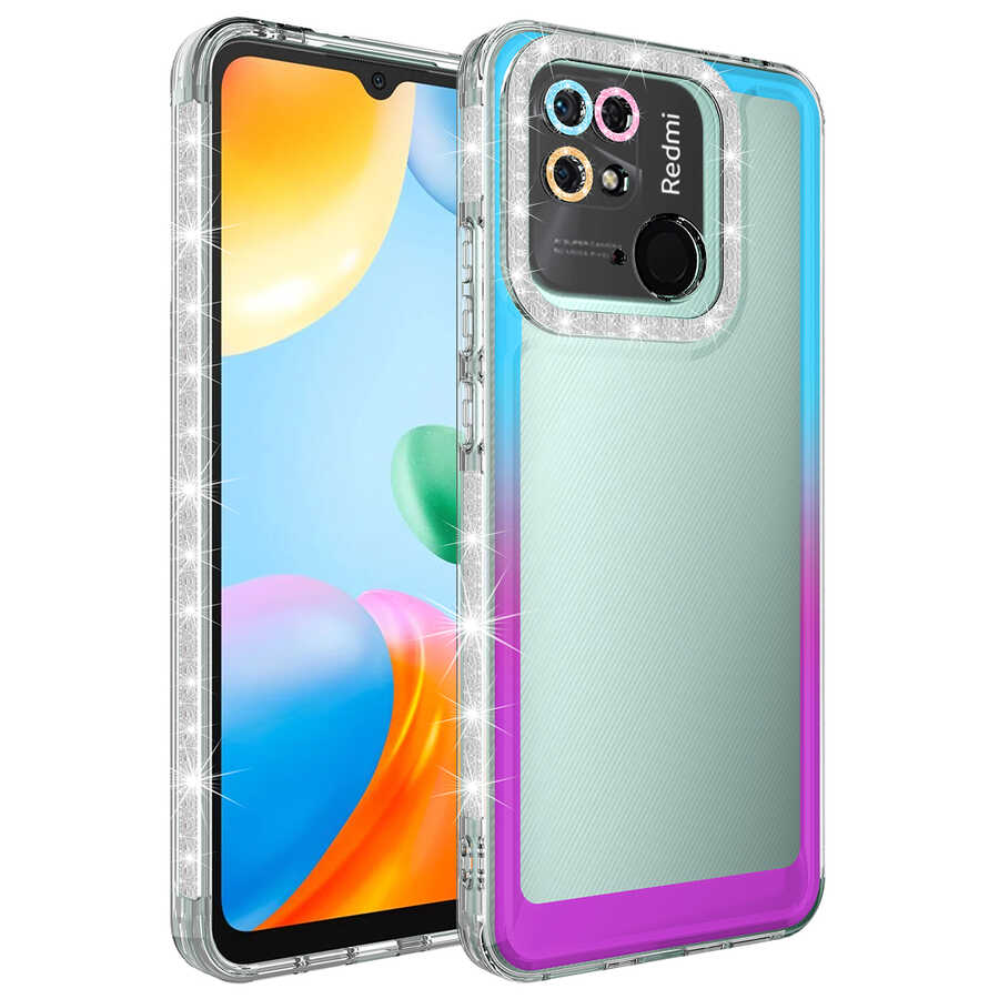 Xiaomi Redmi 10C Kılıf Simli ve Renk Geçiş Tasarımlı Lens Korumalı Zore Park Kapak Mavi-Mor