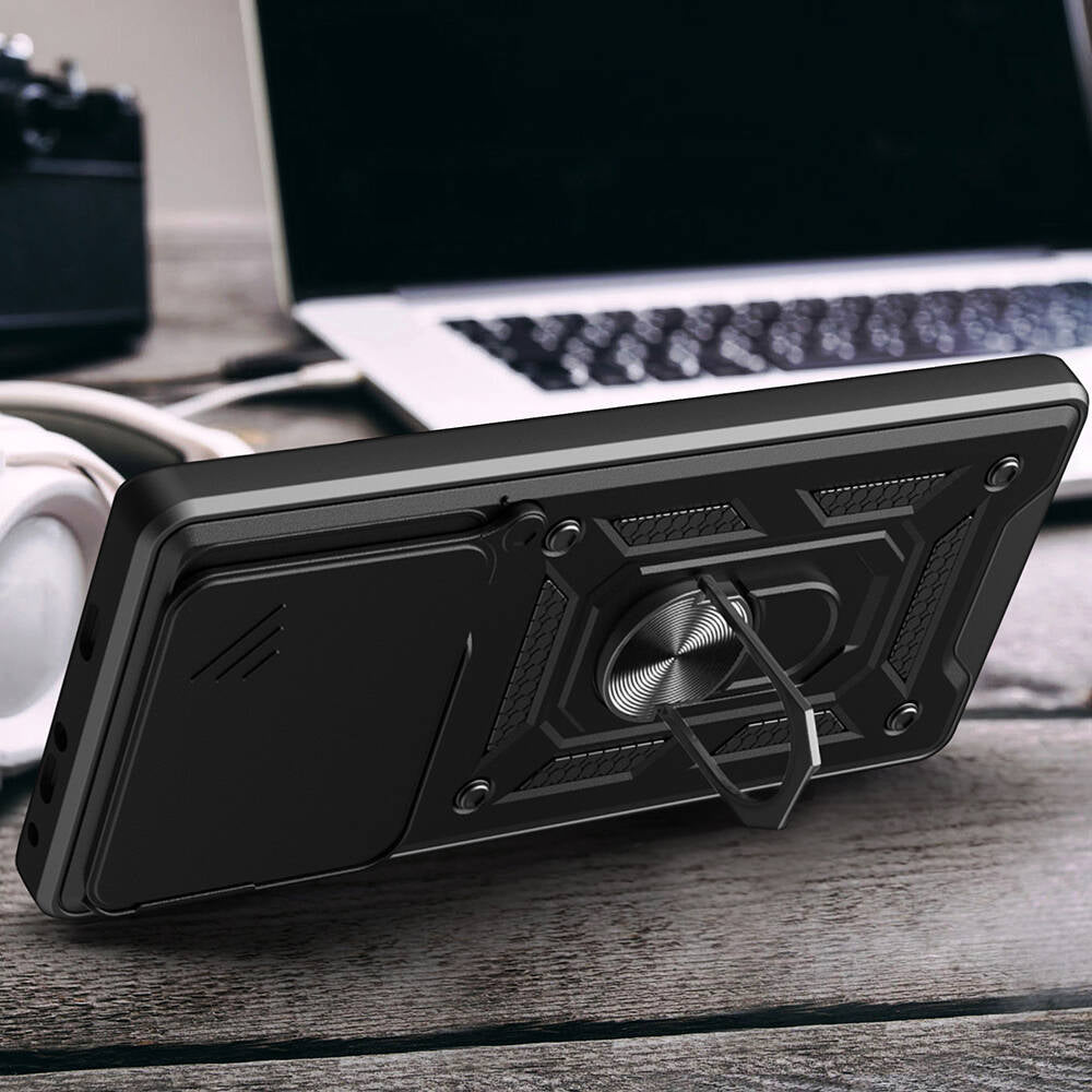 Xiaomi Redmi 13 4G Kılıf Magnetik Standlı Kamera Korumalı Zore Sürgülü Vega Kapak Mavi